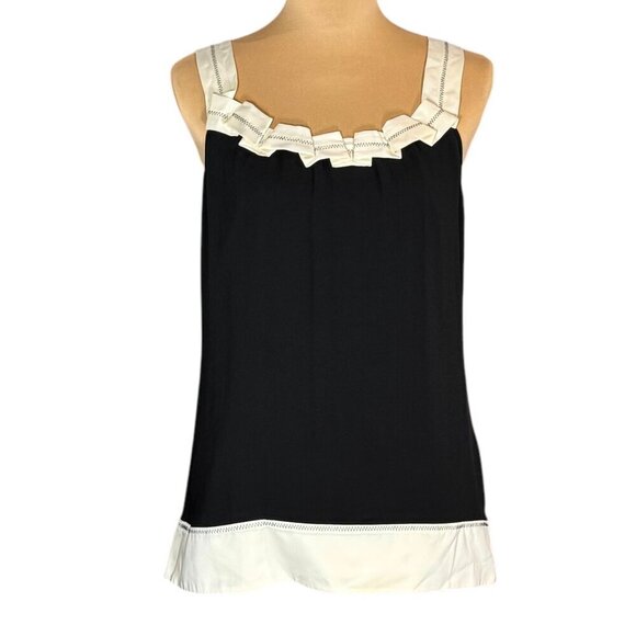 VTG Sleeveless Top Sz.S Black Contrast Trim Ruffle Office Siren Minimalist - Picture 4 of 8